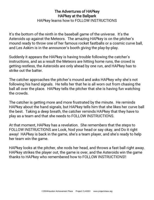 HAPkey at the Ballpark Story, Questions & Color Sheets