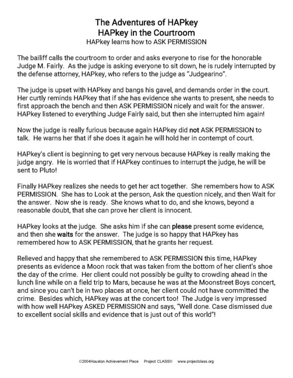 HAPkey in the Courtroom Story, Questions, Color Sheets