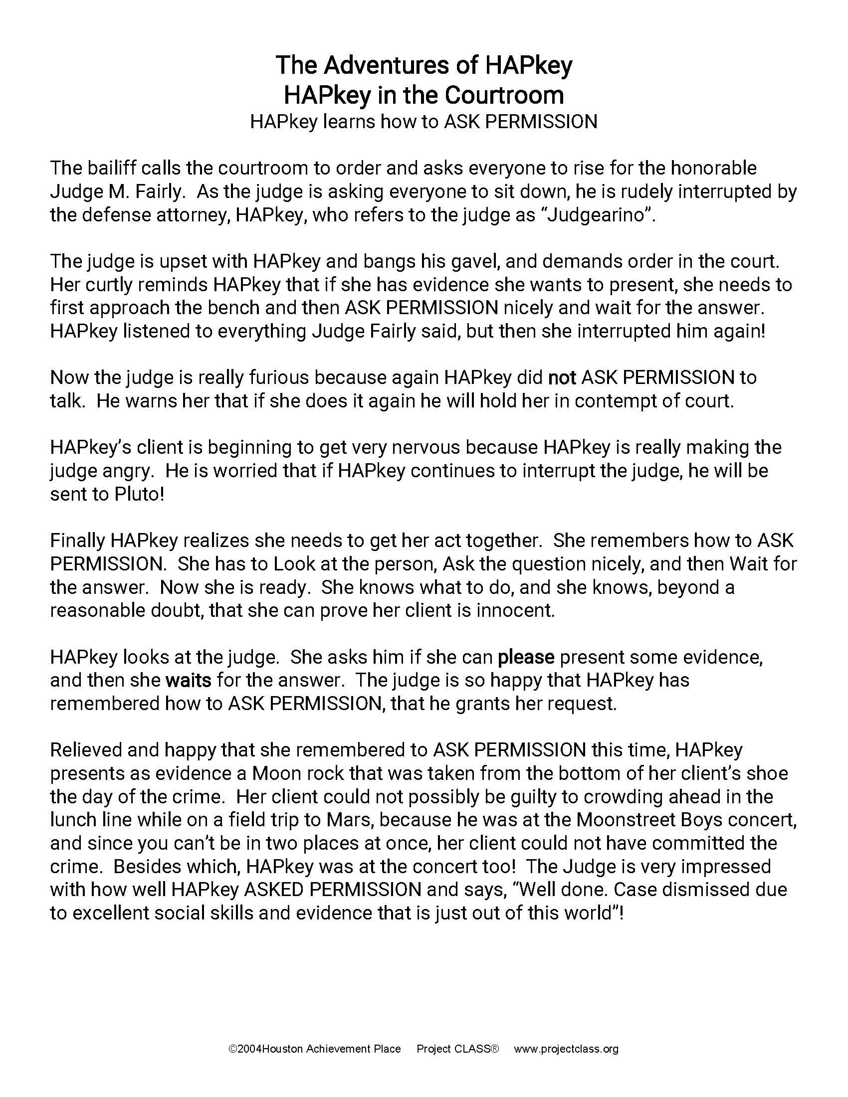 HAPkey in the Courtroom Story, Questions, Color Sheets