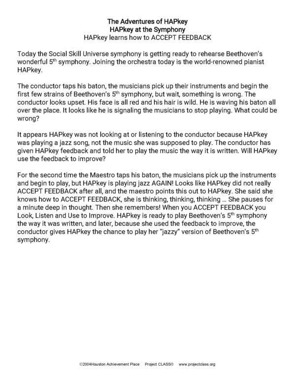 HAPkey at the Symphony Story, Questions, & Color Sheets